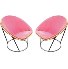 J.E. MOTTE rare pair of 50s outside chairs in metal rattan & canvas
