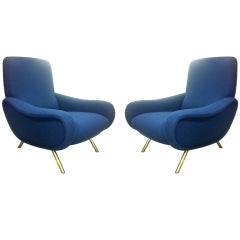 Zanuso Vintage Pair Lady Chairs Reupholstered in Deep Blue