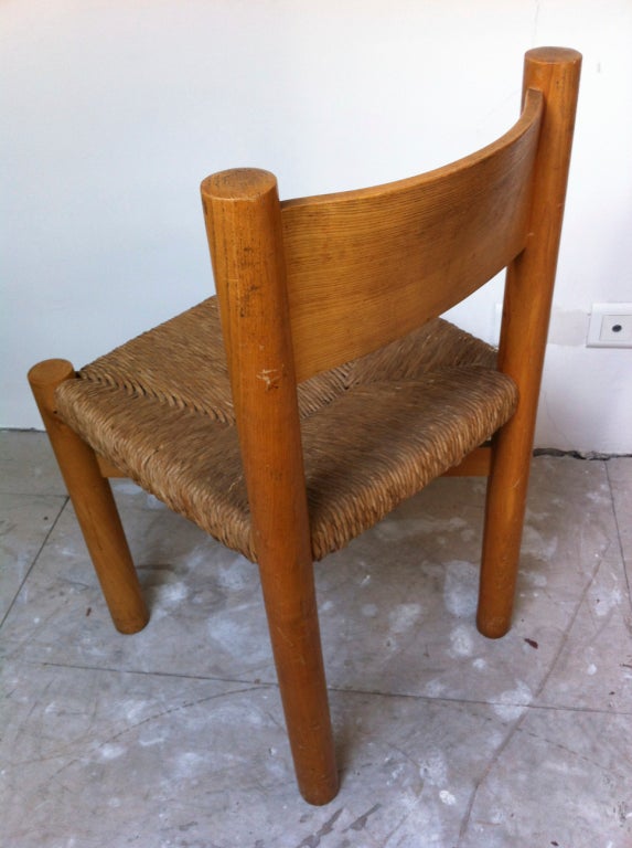 French Charlotte Perriand Set of Four Wood and Rush Seat Chairs