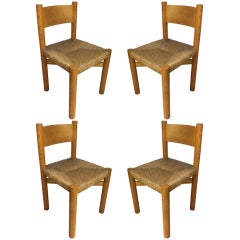 Charlotte Perriand Set of Four Wood and Rush Seat Chairs