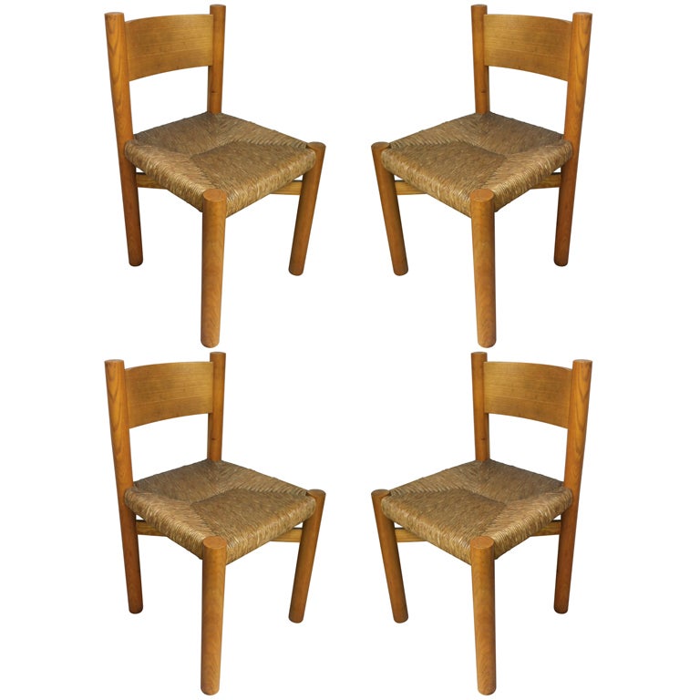 Charlotte Perriand Set of Four Wood and Rush Seat Chairs