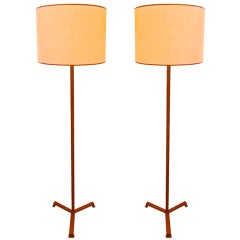 Jacques Adnet Hand-Stitched Leather Pair of Standing Lamps