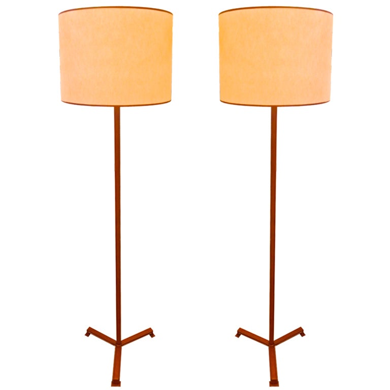 Jacques Adnet Hand-Stitched Leather Pair of Standing Lamps For Sale