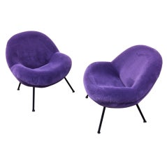 "Lips" shaped rare  pair of  50s chairs covered in purple velvet