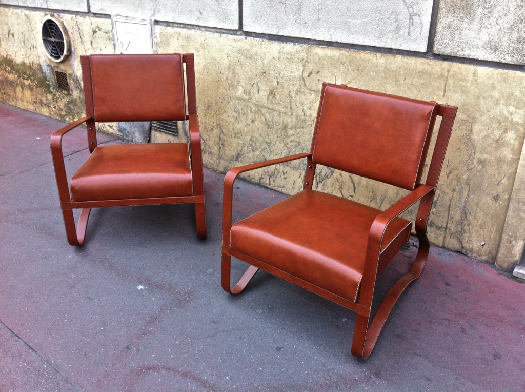 Mid-Century Modern Jacques Adnet Pair of Rare Lounge Chairs in Hand-Stitched Leather For Sale