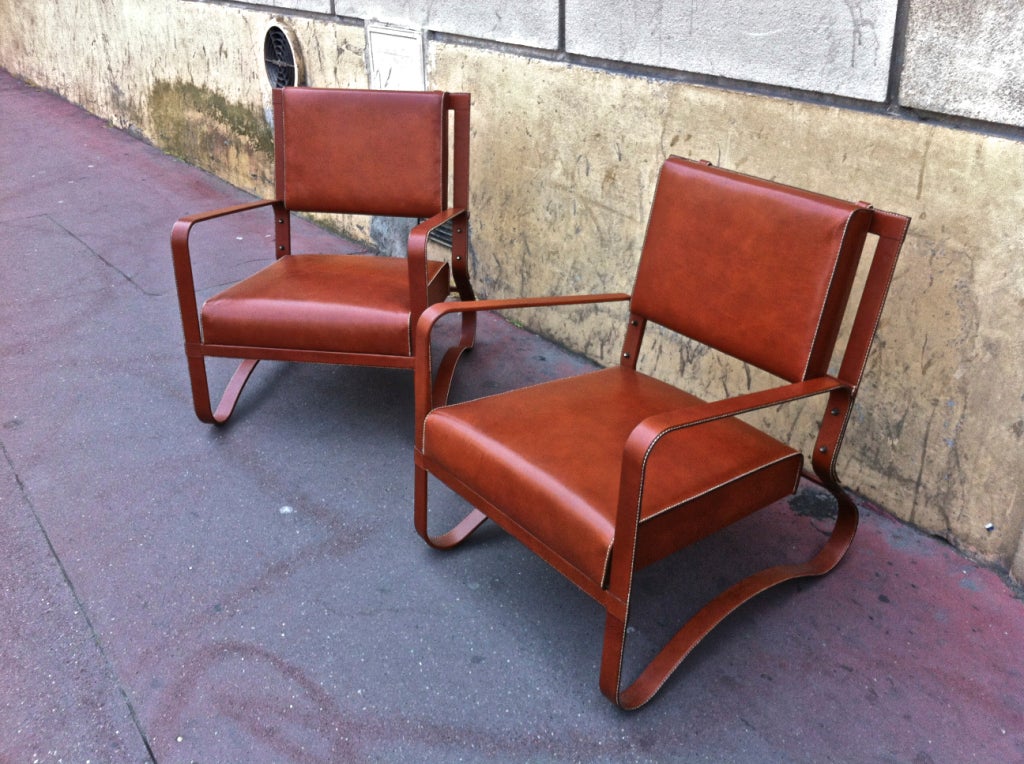 French Jacques Adnet Pair of Rare Lounge Chairs in Hand-Stitched Leather For Sale