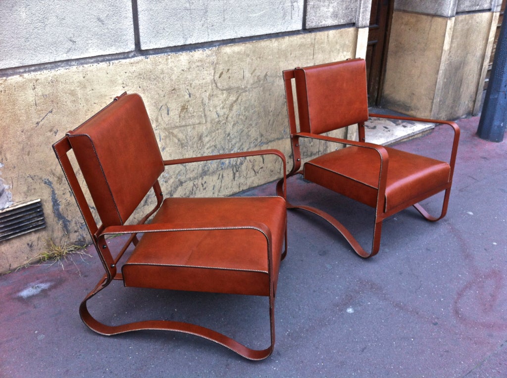 Mid-20th Century Jacques Adnet Pair of Rare Lounge Chairs in Hand-Stitched Leather For Sale