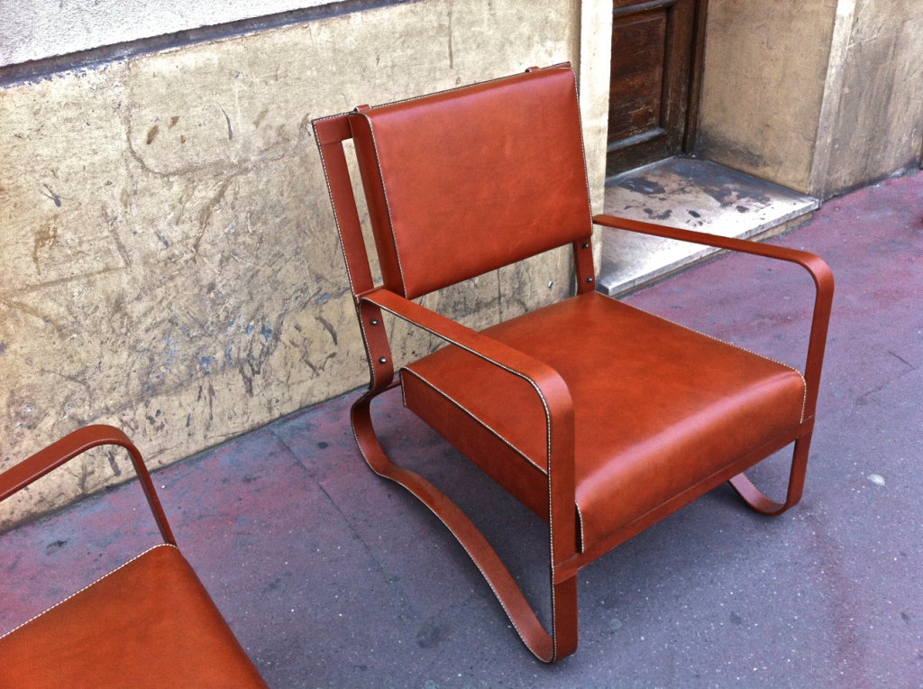 Jacques Adnet Pair of Rare Lounge Chairs in Hand-Stitched Leather For Sale 1