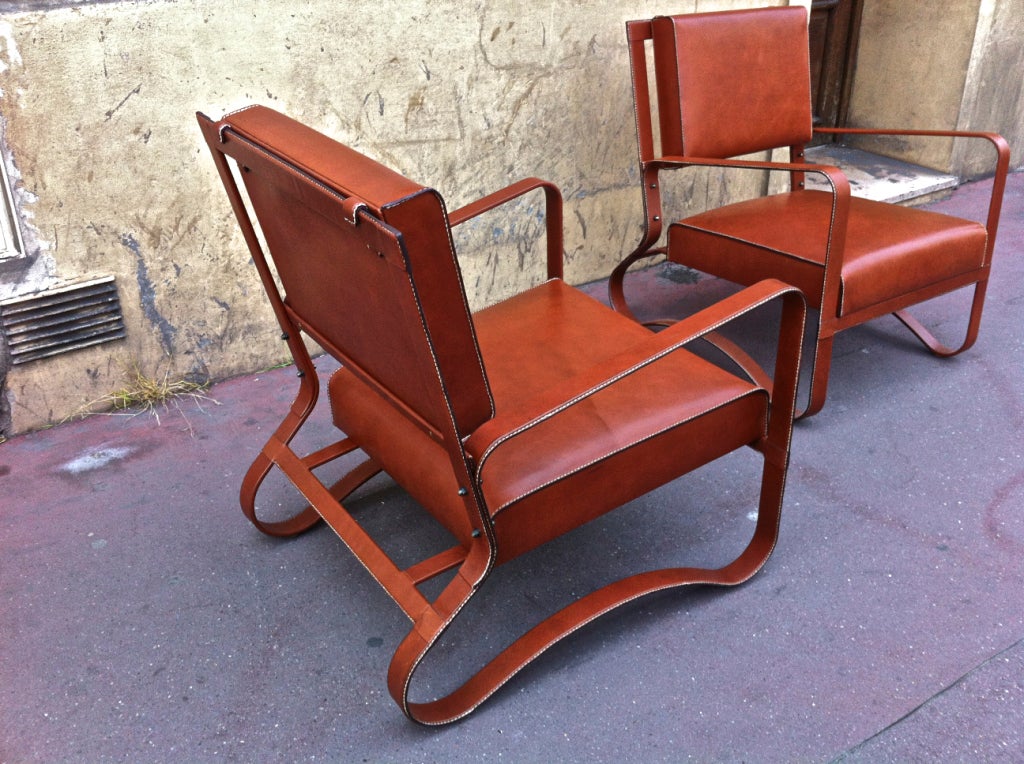 Jacques Adnet Pair of Rare Lounge Chairs in Hand-Stitched Leather For Sale 2