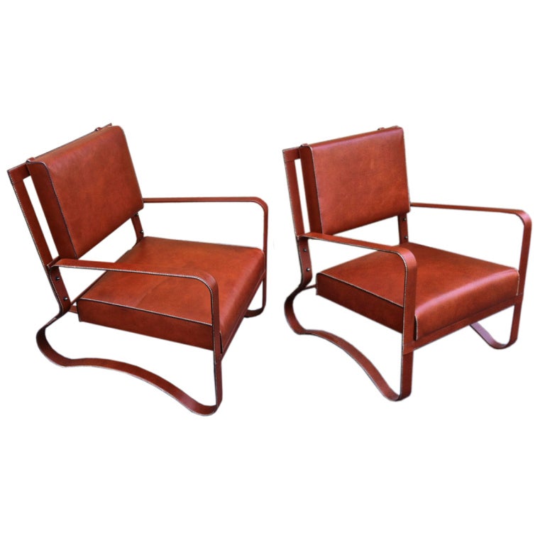 Jacques Adnet Pair of Rare Lounge Chairs in Hand-Stitched Leather For Sale