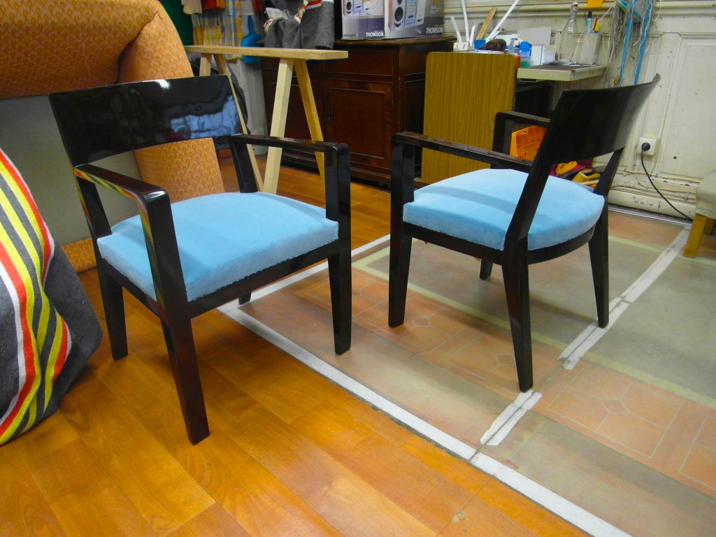 Jean Royère Chic Pair of Armchair Recovered in Blue Velvet For Sale 3