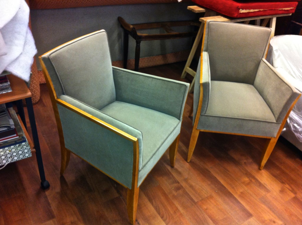Dominique elegant pair of armchairs in sycamore covered in taupe velvet.
