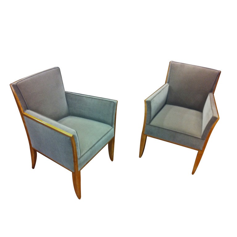 Dominique Pair of Armchairs in Sycamore Covered in Taupe Velvet For Sale