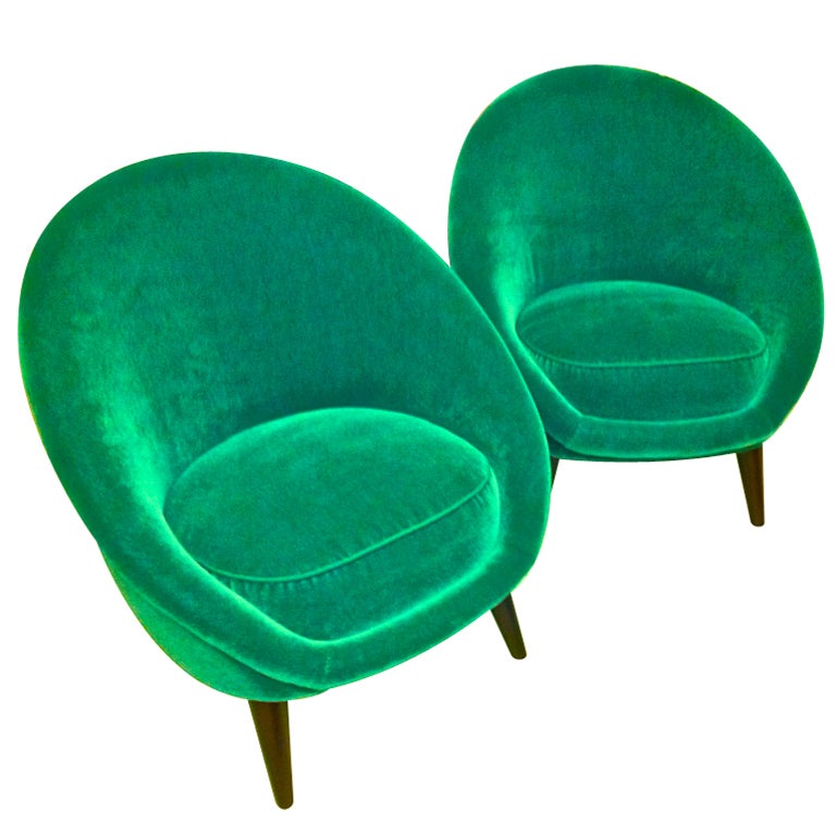 Pair of Egg Chairs in the Style of Jean Royère, Covered in Green Mohair