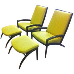 Superb Design Pair of Lounge Chairs With Stools Newly Recovered
