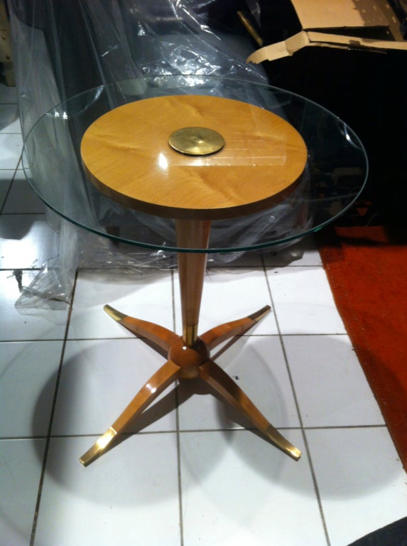 Rene Prou Sycamore Gueridon with Glass Top and Bronze Sabot For Sale 2