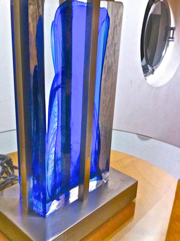 1990s Brushed Steel and Heavy Blue Glass Block Pair of Lamps For Sale 4