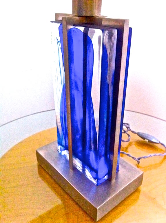 French 1990s Brushed Steel and Heavy Blue Glass Block Pair of Lamps For Sale