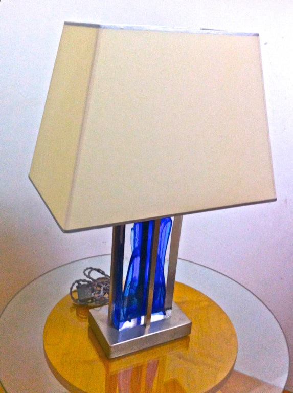 20th Century 1990s Brushed Steel and Heavy Blue Glass Block Pair of Lamps For Sale