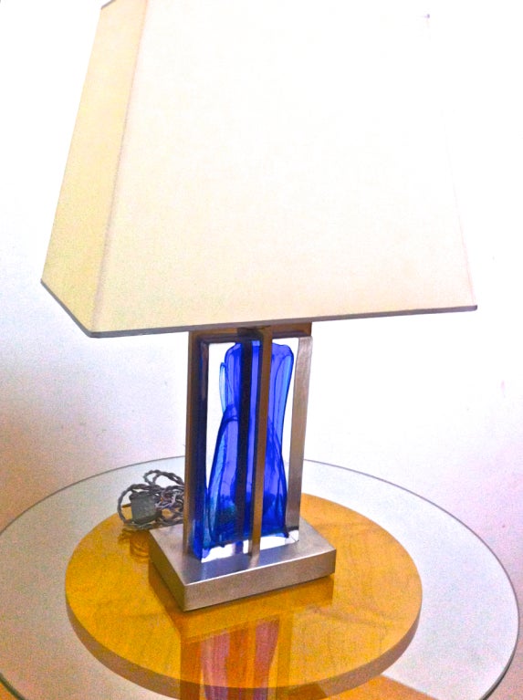 1990s Brushed Steel and Heavy Blue Glass Block Pair of Lamps For Sale 1