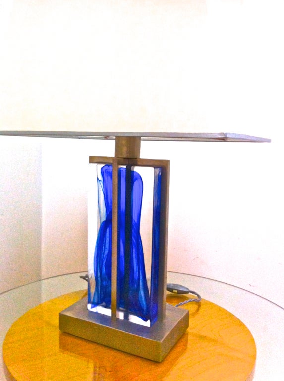 1990s Brushed Steel and Heavy Blue Glass Block Pair of Lamps For Sale 2