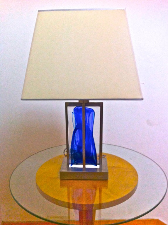 1990s Brushed Steel and Heavy Blue Glass Block Pair of Lamps For Sale 3