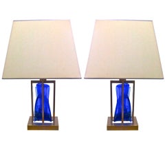 1990s Brushed Steel and Heavy Blue Glass Block Pair of Lamps