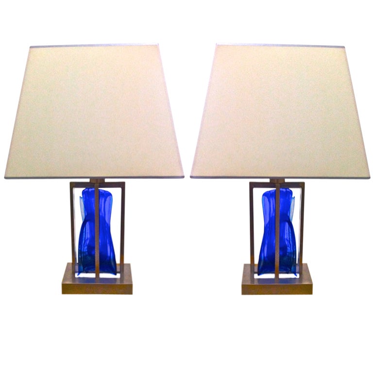 1990s Brushed Steel and Heavy Blue Glass Block Pair of Lamps For Sale