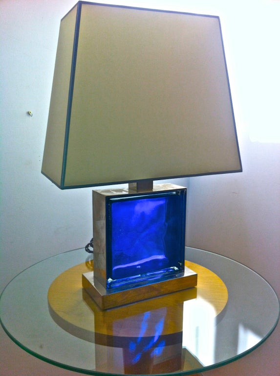 1990s Pair of Modernist Nickled Meat and Blue Glass Lamps For Sale 5