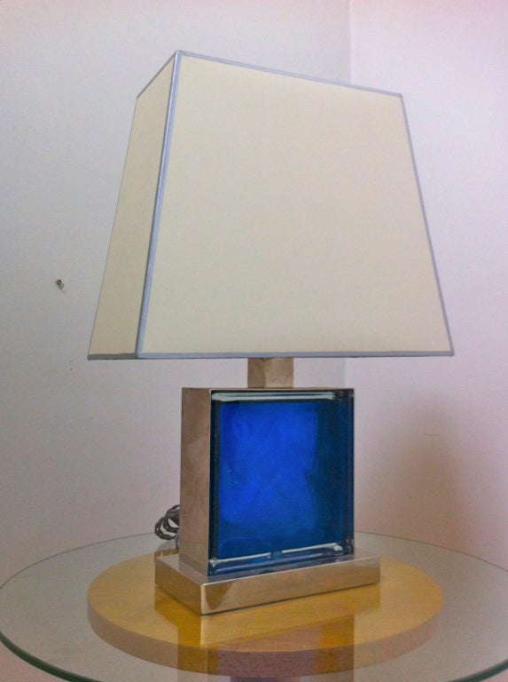 1990s Pair of Modernist Nickled Meat and Blue Glass Lamps For Sale 3