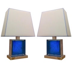 1990s Pair of Modernist Nickled Meat and Blue Glass Lamps