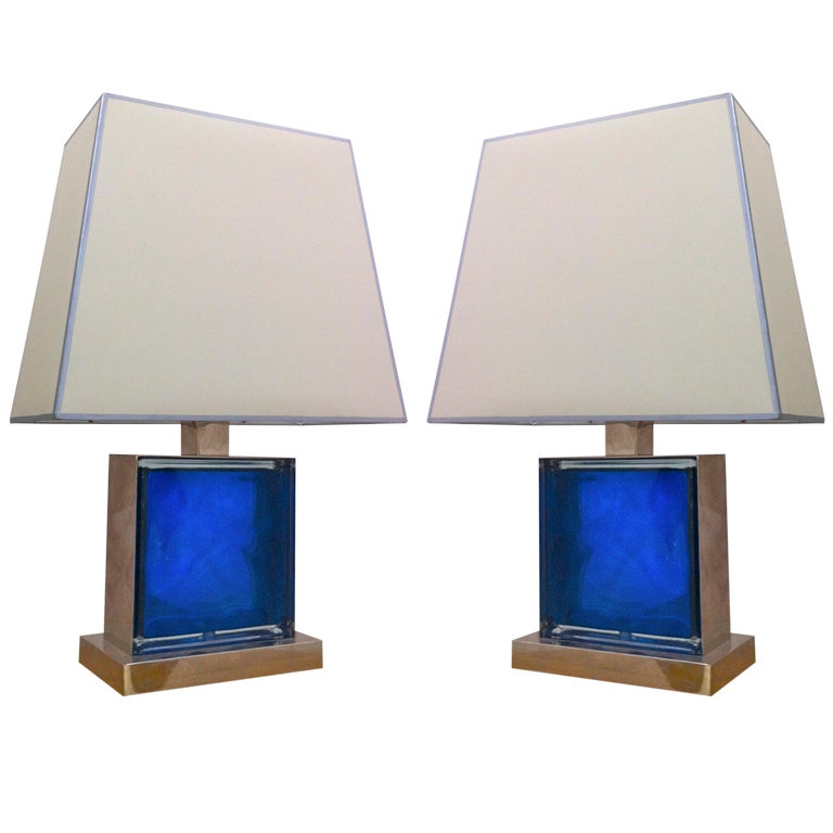 1990s Pair of Modernist Nickled Meat and Blue Glass Lamps For Sale