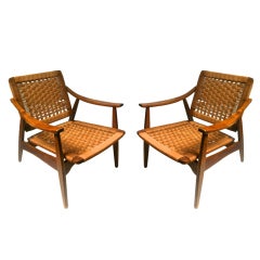 Superb Danish Pair Of Woven Rope Chairs With Reclining Back