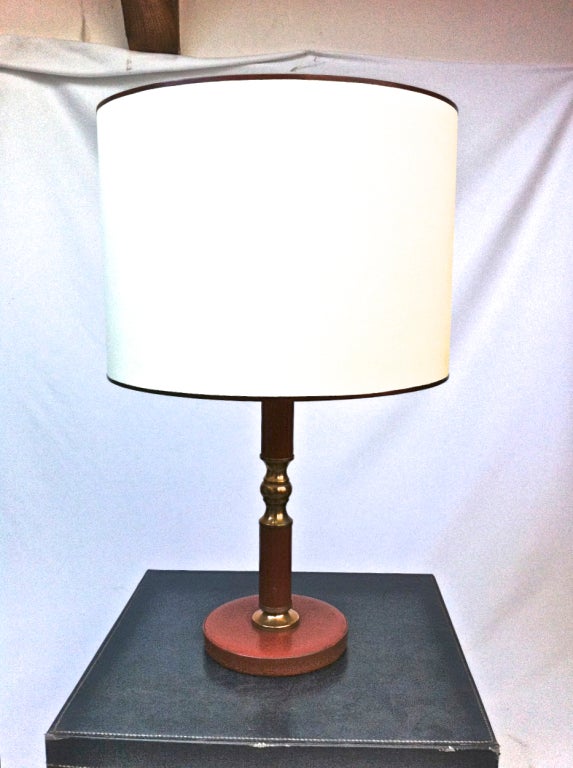 Jacques Adnet Red Leather and Brass Table Lamp