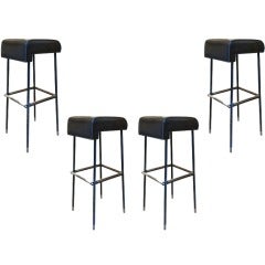 Jacques Adnet Rarest Set of Four Bar Stools in Hand-Stitched Leather