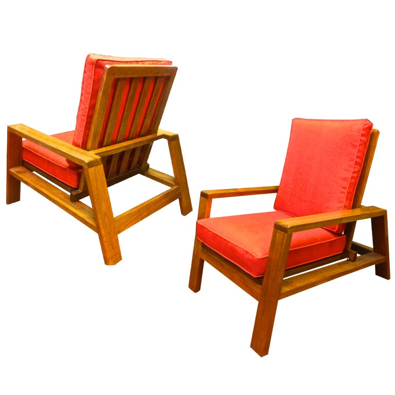 Attributed to Jean Royere Pair of Lounge Chairs Covered in Linen For Sale