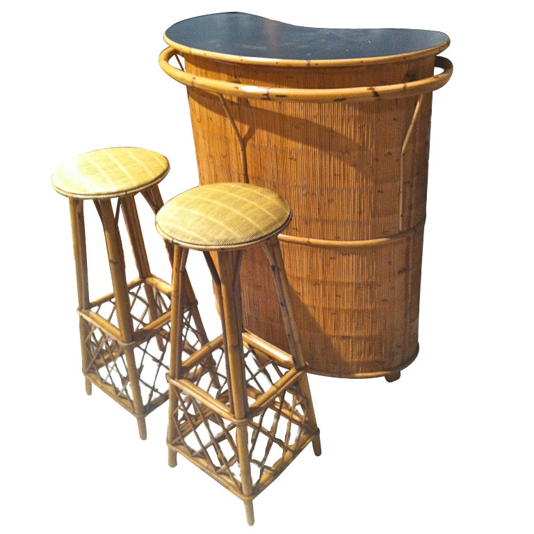 French Riviera Charming Rattan And Bamboo Bar And Bar Stools