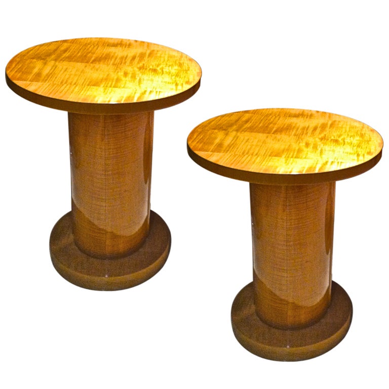 Jules Leleu Sycamore Pair of Refined Round Cylindric Side Tables For Sale