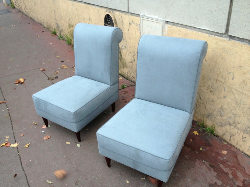 Maison Jansen pair of slipped chairs newly upholstered in grey blue alcantara.