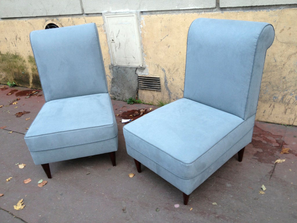 French Maison Jansen Pair of Slipper Chairs Newly Upholstered in Grey For Sale