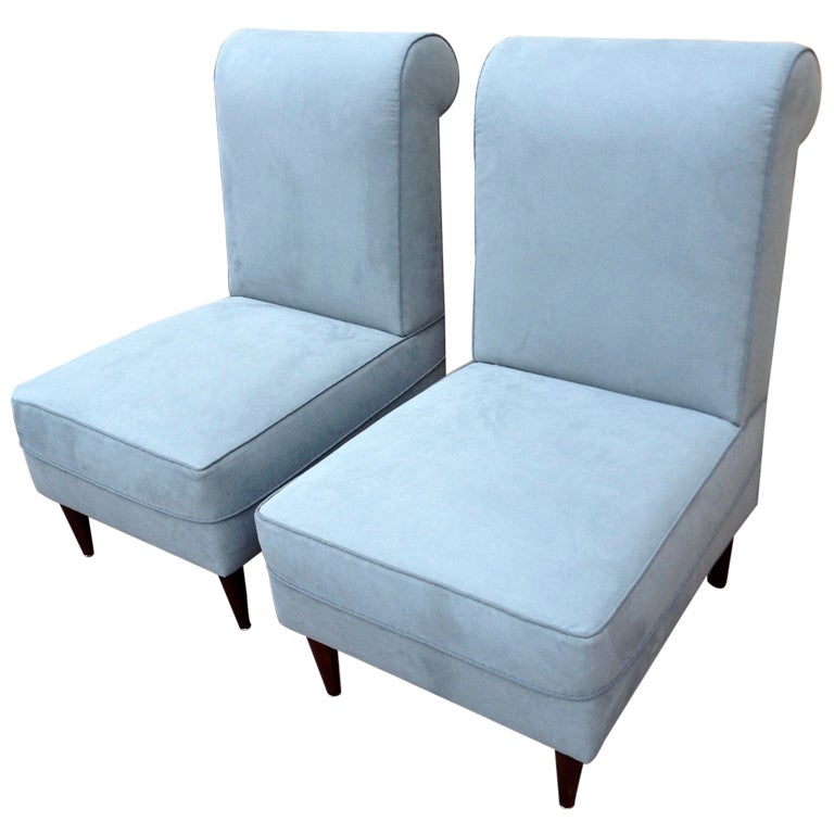 Maison Jansen Pair of Slipper Chairs Newly Upholstered in Grey For Sale