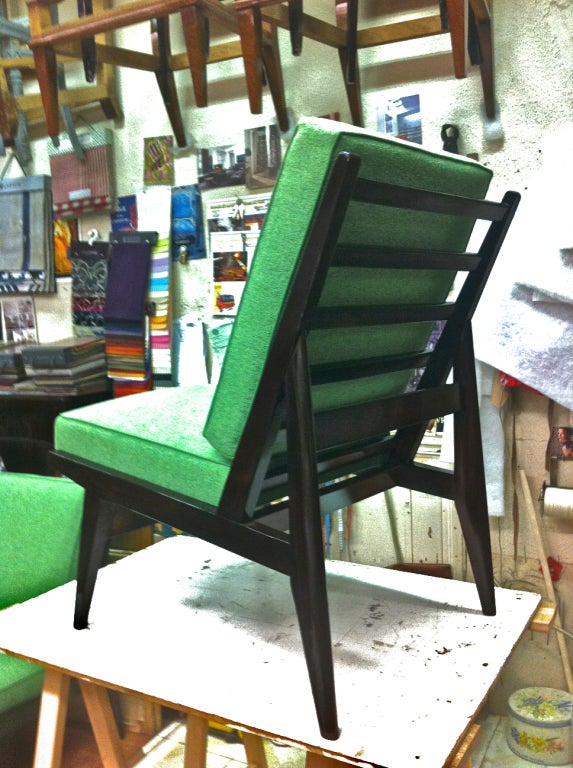 1950's pair of slipper chairs newly recovered in green chine  wool material