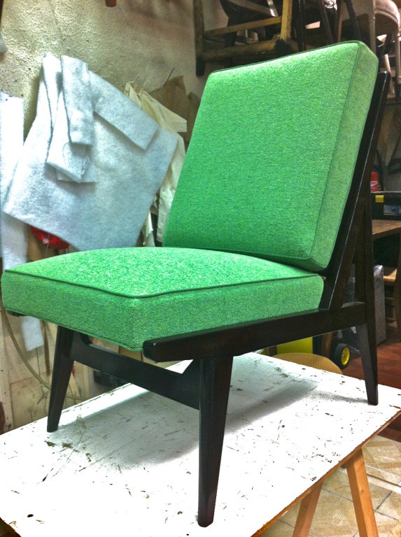 1950's pair of slipper chairs newly recovered in green chine 2
