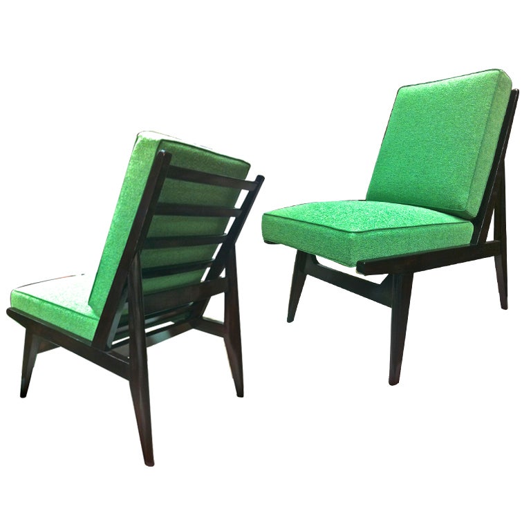 1950's pair of slipper chairs newly recovered in green chine