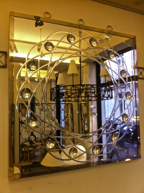 Engraved and Bubble Effect, Nickeled Frame Mirror by Andre Hayat For Sale 2