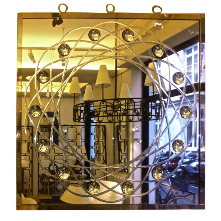 Engraved and Bubble Effect, Nickeled Frame Mirror by Andre Hayat For Sale