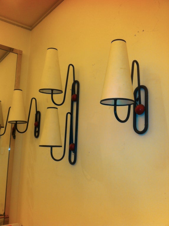 Jean Royere Rare Set of 3 Ball Sconces in Red and Black Metal 7