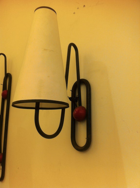 JEAN ROYERE rare set of 3 ball sconces in red and black metal