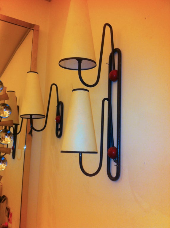 Jean Royere Rare Set of 3 Ball Sconces in Red and Black Metal 1