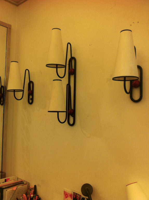 Jean Royere Rare Set of 3 Ball Sconces in Red and Black Metal 2